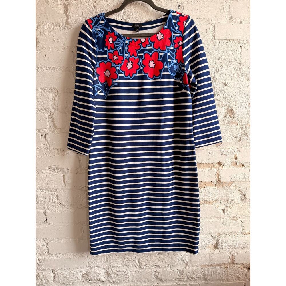 Talbots Navy Stripe Floral Knit Shift Dress Women’s Medium 3/4 Sleeve Cotton